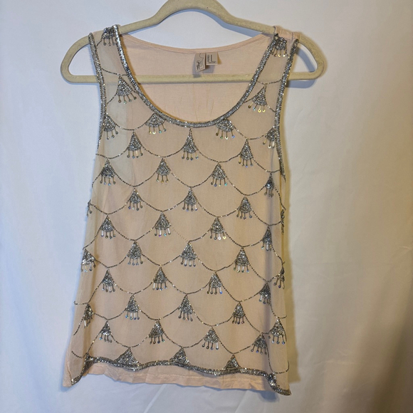 Forever 21 Tops - Beaded Sequin Mesh Tank Top Nude Silver Embellished Evening Cocktail Top M